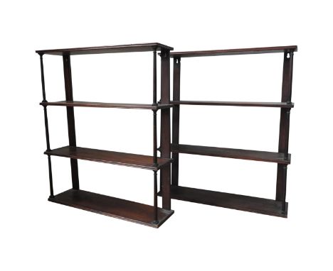 A PAIR OF 19TH CENTURY MAHOGANY FOUR TIER WALL SHELVES, the four shelves united by turned Roman-style pillar supports, each w