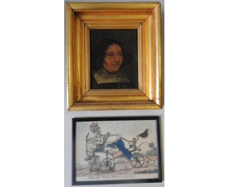 A 19TH CENTURY PORTRAIT OIL PAINTING ON CANVAS, and a humorous early 19th century illustration, the portrait measuring 21 x 1