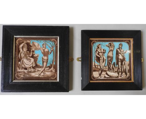 TWO JOHN MOYR FOR MINTON CERAMIC TILES, circa 1870, depicting 'Giant Pope' and 'Lot's Wife', on a striking turquoise ground, 