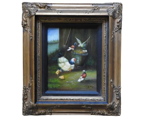 A CONTEMPORARY OIL PAINTING ON PANEL OF CHICKEN AND BIRDS, 43 x 38 cm inc frame