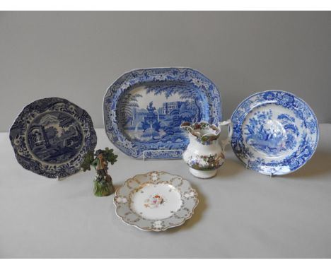 A 19TH CENTURY STAFFORDSHIRE PEARL WARE WALTON FIGURE, along with a Copeland meat platter, Copeland Spode 'Abbey Ruins' plate