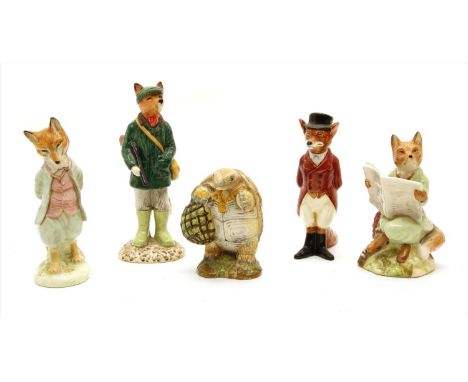 Five ceramic figures: Royal Doulton fox in hunting outfit, Royal Albert 'Foxy Reading'; Beswick Huntsman fox; Beswick 'Foxy W