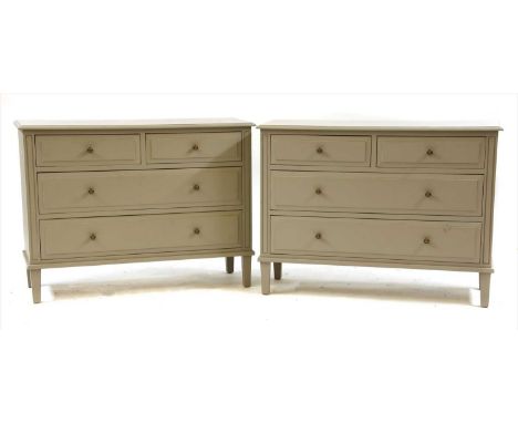 Two grey painted chests of drawers, the moulded rectangular top over two short drawers over two long drawers on square taperi