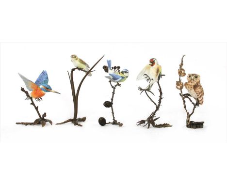 Five Albany Fine China (Royal Worcester) birds: Blue Tit; Gold Finch; Kingfisher in Flight;Tawney Owl; Warbler, on metal moun