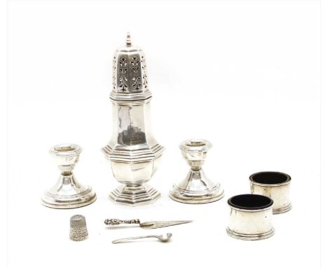 A collection of silver items, to include a pair of dwarf candlesticks, by W.I. Broadway &amp; Co, Birmingham 1973, an Edwardi