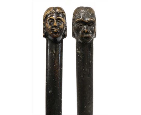 DARWIN WALKING STICK, mid-19th century, a rare folk art carved hedgerow wood walking stick, carved with the head of a man and