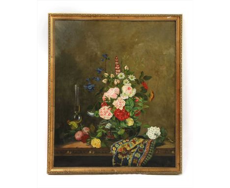 R H Field (20th century) FLOWERS ON A STONE LEDGE, Signed l.r., oil on canvas 91 x 76cm