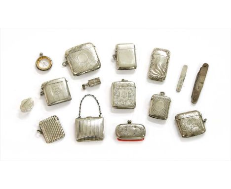 A silver miniature purse, together with a silver threepence, a silver sovereign case, a silver miniature bottle, a silver com