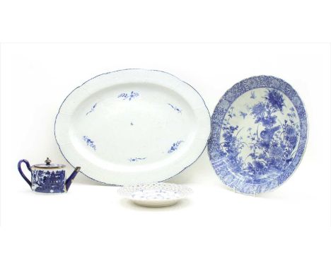 A large 19th century pearlware serving plate, with basket weave border and floral sprigs, 57cm long, a Copenhagen Blue Fluted