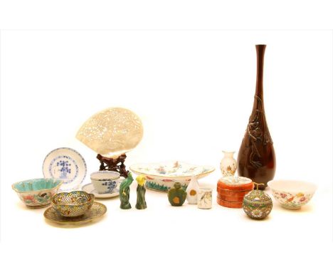 Various Chinese ceramics , including a Canton lobed disc, a three tiered ceramic box, a porcelain bowl decorated pheasant, tw