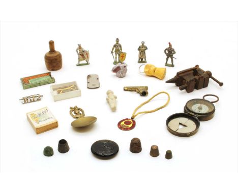 Sundries: including jeweller's anvil vice , military compass by S. Morden &amp; Co, glass bottle seal, Medieval thimble, etc