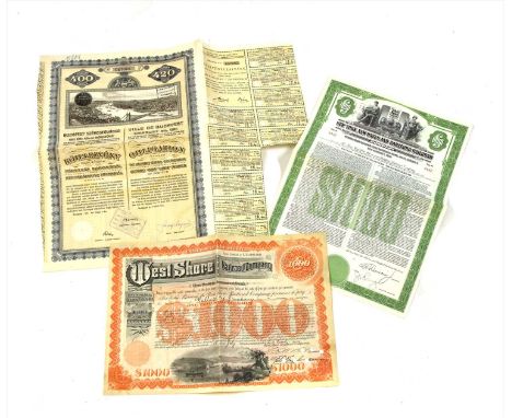 New York, New Haren and Hertford railroad $100 share certificate no.4432, West Shore Railroad Company $1000 bond no.50101 and