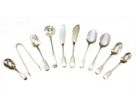 Silver to include a pair of Victorian preserve spoons , Sheffield 1898, a pair of George III Scottish sugar tongs with bright