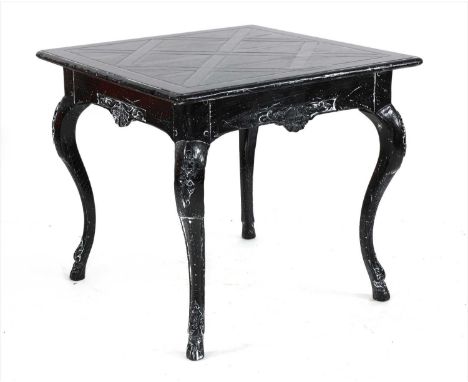 A contemporary black card table, by Baker Furniture Company, with latticed details, with a shaped apron on cabriole legs, rec