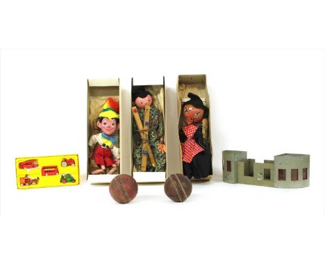 A 1950s Pelham Puppet of a witch, together with more modern Pinocchio and soldier Pelham Puppets, a 'Matchbox Series 40th Ann