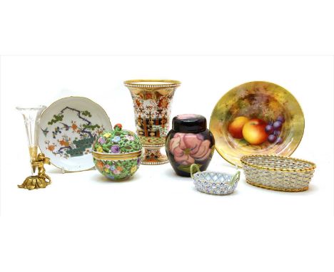 A quantity of ceramics , including a Moorcroft pot and cover, a Royal Worcester fruit plate