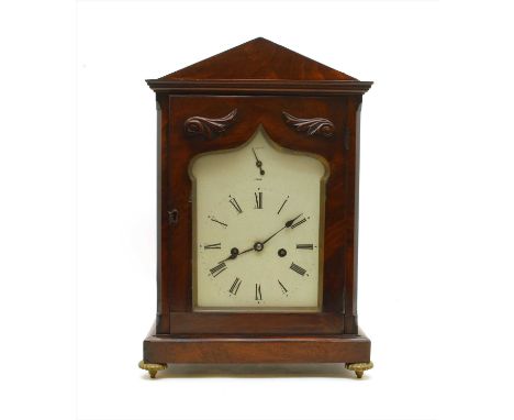 A 19th century mahogany mantle clock , with arched shape painted dial, circa 1840, 51cm high