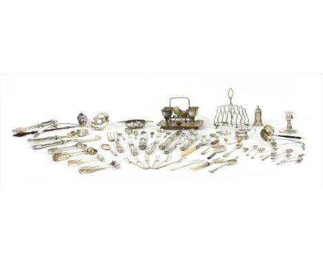 A quantity of silver and plated items to include flatware a silver plated egg cruet, a modern silver toddy ladle various silv