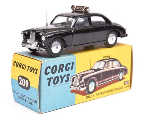 Corgi Toys Riley Pathfinder Police Car (209). In gloss black with sign to roof and aerial to drivers front wing, smooth spun 