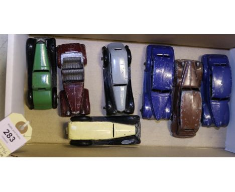 7x Dinky Toys cars. An early post-war Bentley (36b) in light green with black chassis and non-ridged wheels and white tyres. 