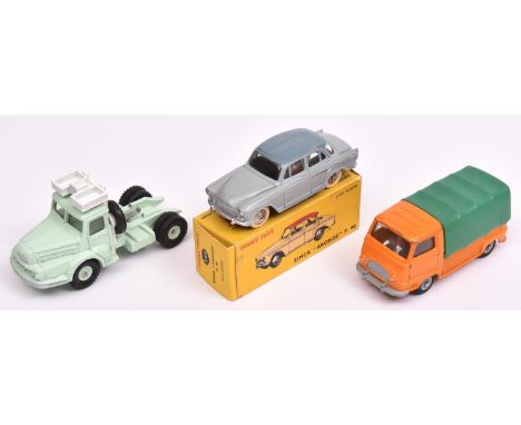 3 French Dinky Toys. Simca Aronde P60 (544). An example in light grey with dark grey roof,  with plated ridged wheels with wh