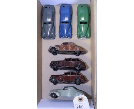 7 Dinky Toys 39 series cars. 3x Chrysler- dark green, dark blue and dark grey. Plus 2x Buick, maroon and dark brown- repainte