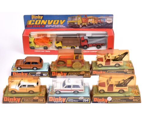 7x Dinky Toys. Range Rover (192). Police Range Rover (254). Range Rover Ambulance (268). Aveling-Barford Diesel Roller (279).