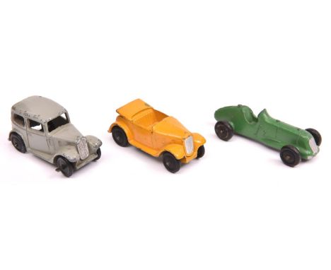 3 Dinky 35 Series Cars. Saloon Car (35a) light grey with black rubber wheels. A Midget Racer (35b) in dark green  example wit