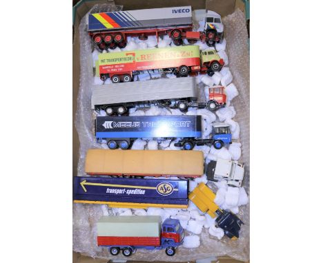 7 Lion car, Conrad, Brazilian, Tekno etc trucks. IVECO Turbo Star tractor unit with low sided trailer with tilt, in IVECO sil