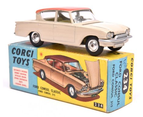 Corgi Toys Ford Consul Classic (234). In cream with pink roof and yellow interior, dished spun wheels and black tyres. Boxed,