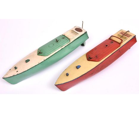 2 Hornby clockwork tinplate speedboats Both 'SWIFT' one in red/cream and the other light green/cream. QGC-GC some age wear/ch