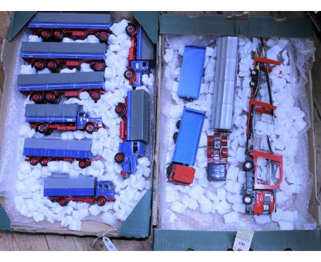 7 Minichamps, Pauls Model art, Eligor, NZG, Kamaz and metal kit trucks. MAN bonneted lorry with tilt with drawbar trailer, a 