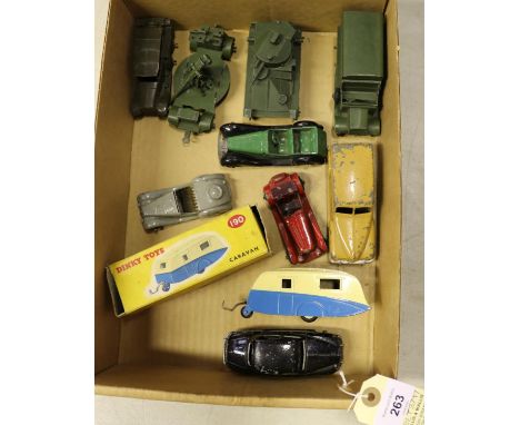 10x Dinky Toys. A Caravan (190) in blue and cream in a related box, minor wear. Together with 9x unboxed vehicles; 6-wheel Co