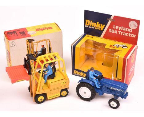 2x Dinky Toys. Leyland 384 Tractor (308) in dark blue with white wheels and light blue driver. Conveyancer Fork Lift Truck (4