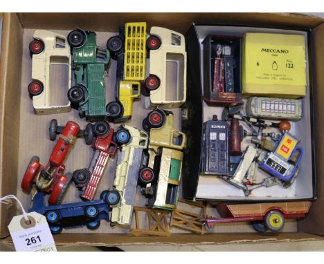 10+ Dinky Toys and accessories. Including; Massey-Harris tractor. Farm Trailer. Bedford Refuse Wagon. 2x NCB Electric van, Ex