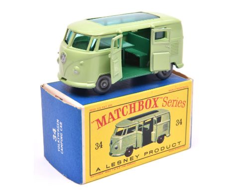 Matchbox Series No.34 Volkswagen Camping Car, (Caravanette). In light green with green windows, dark green interior and base,