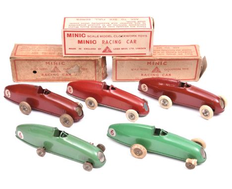 5x Tri-ang Minic clockwork Racing Cars (13M). All pre-war examples; 2x red - RN5, a red - RN6 and 2x light green - RN6. All w