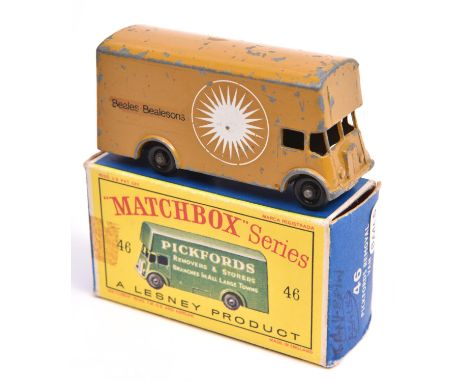 A Matchbox Series No.46b Guy Beales Bealesons Removal Van. In light brown livery, with sun decal and black plastic wheels, co