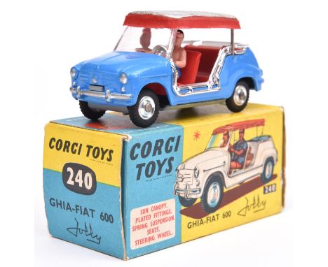 Corgi Toys Ghia-Fiat Jolly (240). An example in mid blue with red seats, silver/red fringed canopy, with both driver and pass