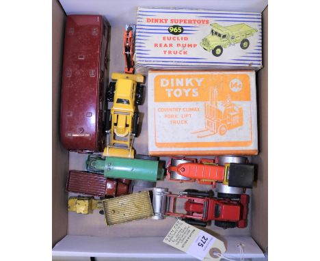 9 Dinky Toys. Euclid Rear Dump Truck, Coventry Climax Fork Lift (for repair). Both boxed. Plus a B.R. Horse Box, 2x Road Roll