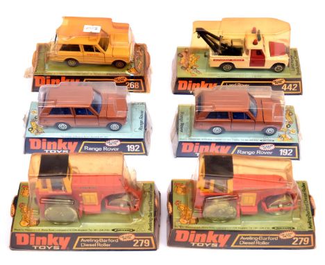 6x Dinky Toys. 2x Range Rover (192). Range Rover Ambulance (268). 2x Aveling-Barford Diesel Roller (279).  Land Rover Breakdo