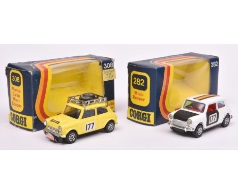 2 Corgi Whizzwheels Minis. Mini-Cooper (282). In white with black doors, bonnet and bootlid, orange/black stripe to roof, RN1