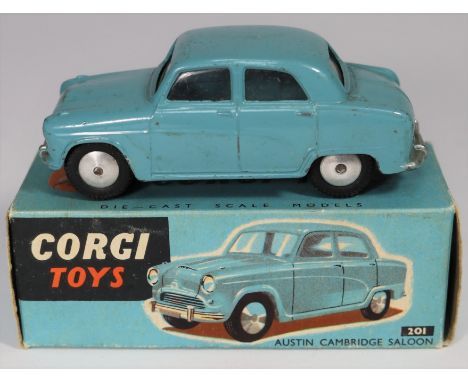 Corgi Toys Austin Cambridge Saloon (201). An early mid blue example with smooth spun wheels and black tyres. In early all blu