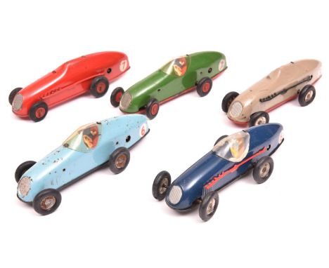 5x Tri-ang Minic clockwork Racing Cars (13M). All post-war examples; red - RN7, green - RN7, dark blue - RN6, light blue - RN