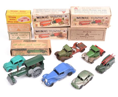 5x Tri-ang Minic and Penguin plastic vehicles. A Morris Saloon (94M) in green. Morris Minor (97M) in the remains of green pai