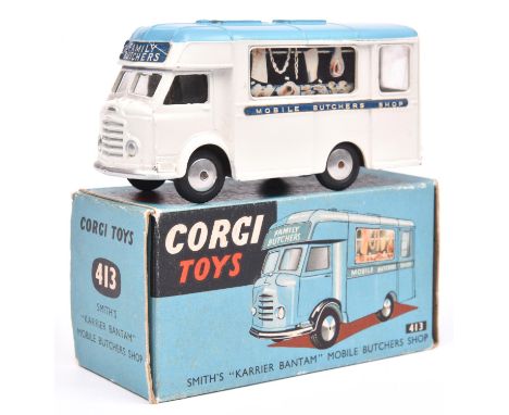 Corgi Toys Smith's 'Karrier Bantam' Mobile Shop (413). The white and light blue 'Mobile Butchers Shop' example, with 'Family 