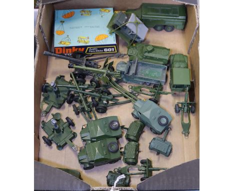 23x Military Dinky Toys. Including; Armoured Command vehicle, Army 1 ton Truck, Armoured Personnel Carrier, 3x Field Artiller