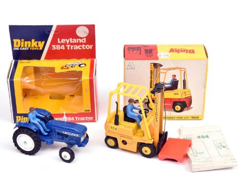 2x Dinky Toys. Leyland 384 Tractor (308) in dark blue with white wheels and light blue driver. Conveyancer Fork Lift Truck (4