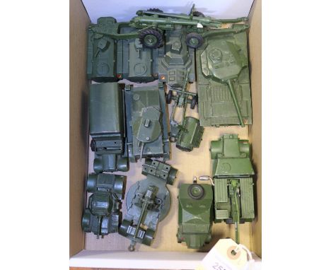 12 Dinky Military. 25lb Field gun set, Scammell Recovery Tractor, 3x Armoured Personnel Carriers, Centurion Tank, Armoured Ca