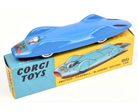 Corgi Toys Proteus-Campbell-'Bluebird' Record car (153A). In light blue livery with the U.K.'S Union Flag and U.S. Stars &amp